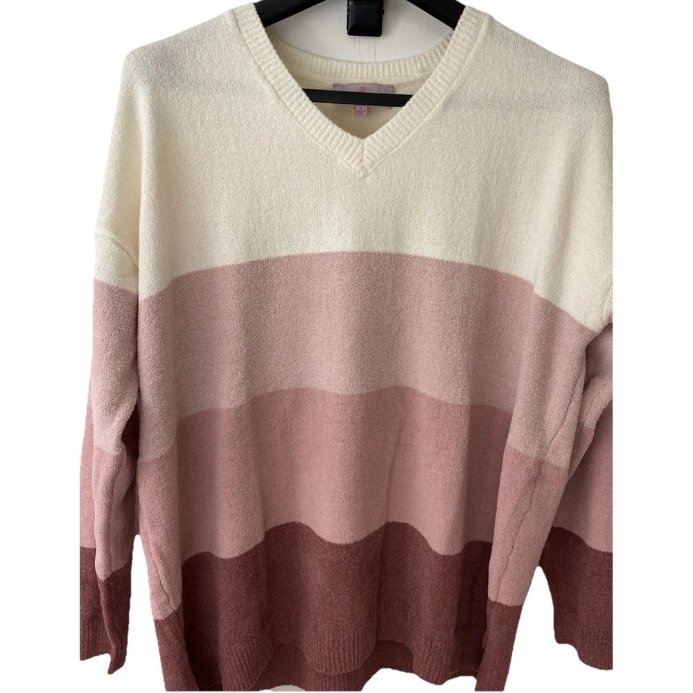Laurie Felt Sweater Womens XL Pink Cream Colorblock V-Neck Chenille Knit Soft